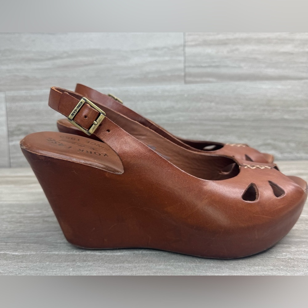 Kork-Ease Brown Leather Peep-Toe Wedge Slingbacks